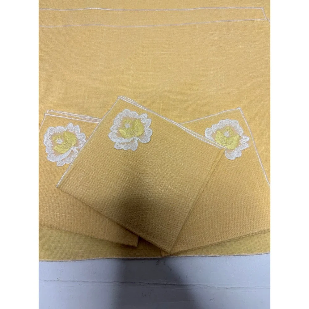Vintage Yellow Placemat & Napkin Set Embroidered White Flower Cutwork Dining
